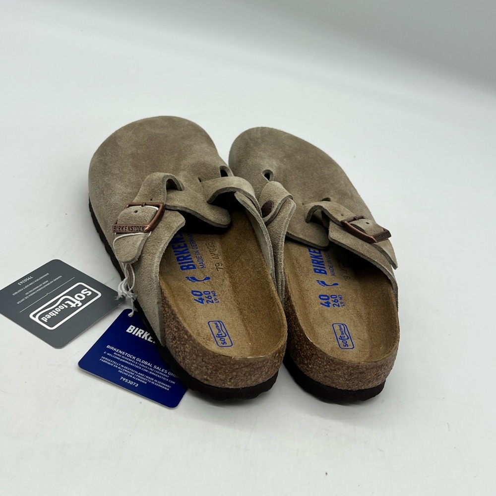 Birkenstock Boston Women 9 Men 7 Narrow Taupe Suede Clogs Slip On Shoes - Picture 6 of 16